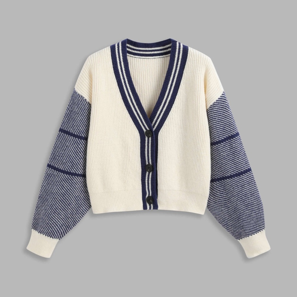 Cider CONTRASTING V-NECK GRAPHIC CARDIGAN